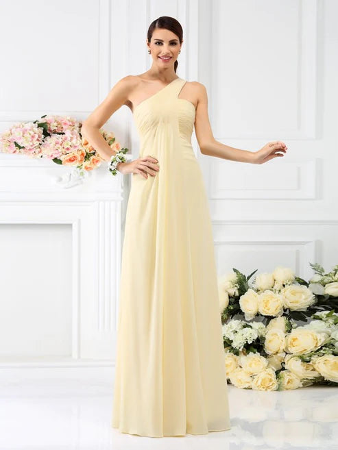 A-Line/Princess One-Shoulder Pleats Sleeveless Long Chiffon Bridesmaid Dresses Party Dresses Wedding Guest Dresses