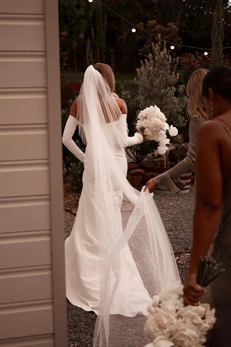 Elegant Mermaid Strapless Off-the-Shoulder Long Sleeves Satin Floor-Length Wedding Dresses