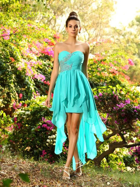 A-Line/Princess Sweetheart Beading Sleeveless High Low Chiffon Bridesmaid Dresses Party Dresses Wedding Guest Dresses