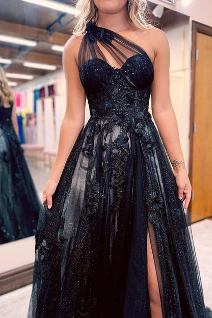 Charming Glitter A Line Sweetheart Black Tulle Prom Dresses with Appliques