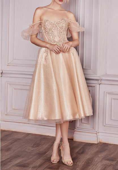 A Line Princess Bubble Sleeves Tea Length Knee Length Prom Dress With Appliques