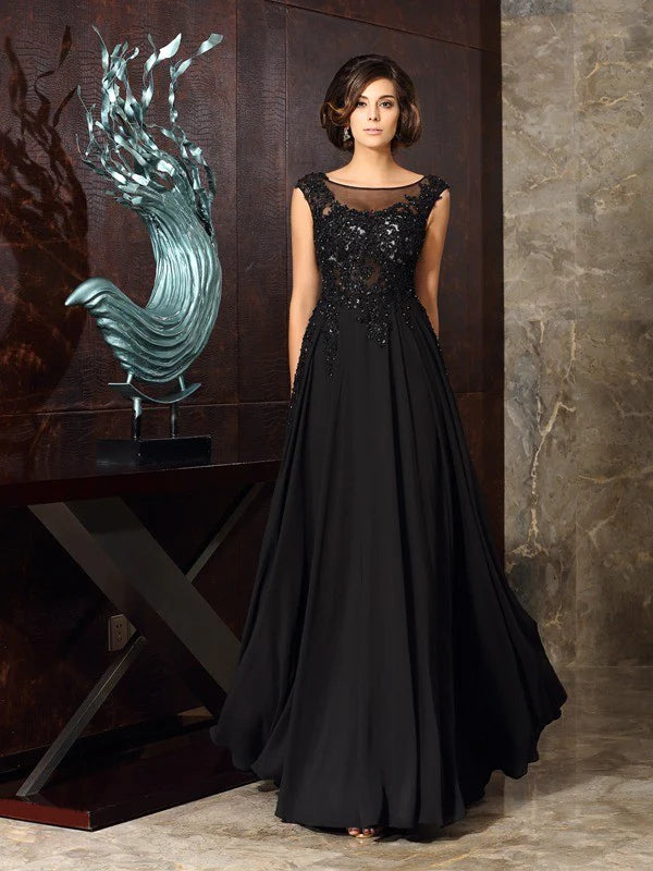 A-Line Princess Scoop Applique Sleeveless Long Chiffon Mother of the Bride Dresses