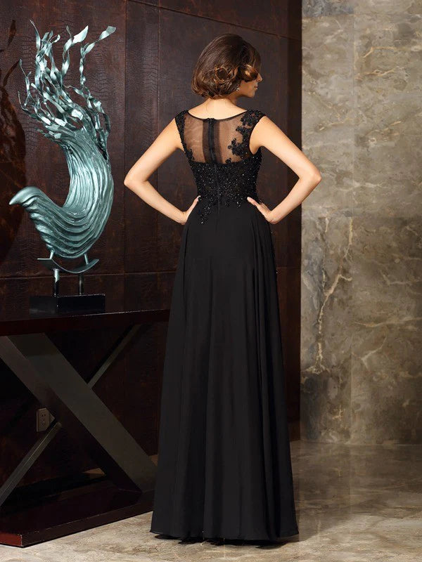 A-Line Princess Scoop Applique Sleeveless Long Chiffon Mother of the Bride Dresses