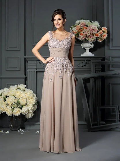 A-Line Princess Scoop Beading Sleeveless Long Chiffon Mother of the Bride Dresses