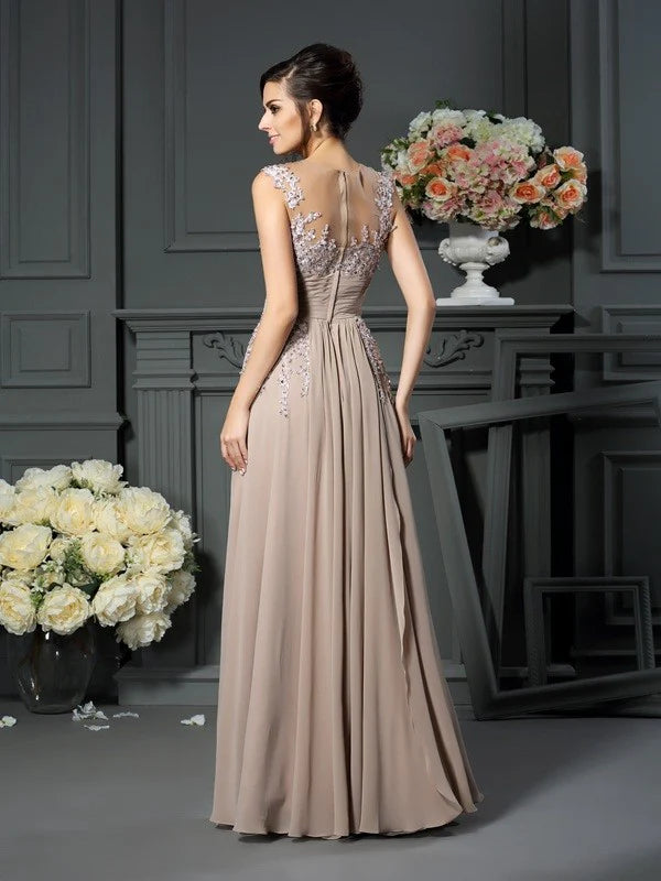 A-Line Princess Scoop Beading Sleeveless Long Chiffon Mother of the Bride Dresses