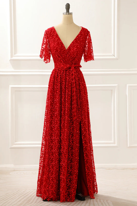 Red V-neck Lace Retract Your Waist Prom Dress with Slit