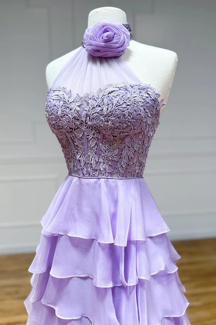 Halter Ruffle Tiered Chiffon Long Prom Dress