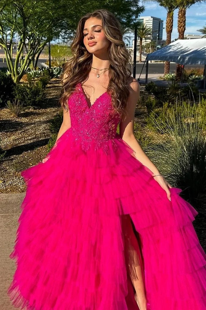 V-Neck Lace Appliques Ruffle Tiered Long Prom Dress