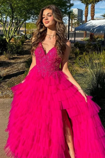 V-Neck Lace Appliques Ruffle Tiered Long Prom Dress