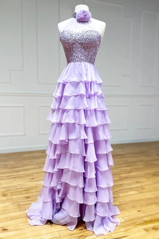 Halter Ruffle Tiered Chiffon Long Prom Dress
