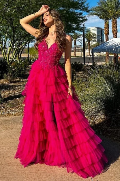V-Neck Lace Appliques Ruffle Tiered Long Prom Dress