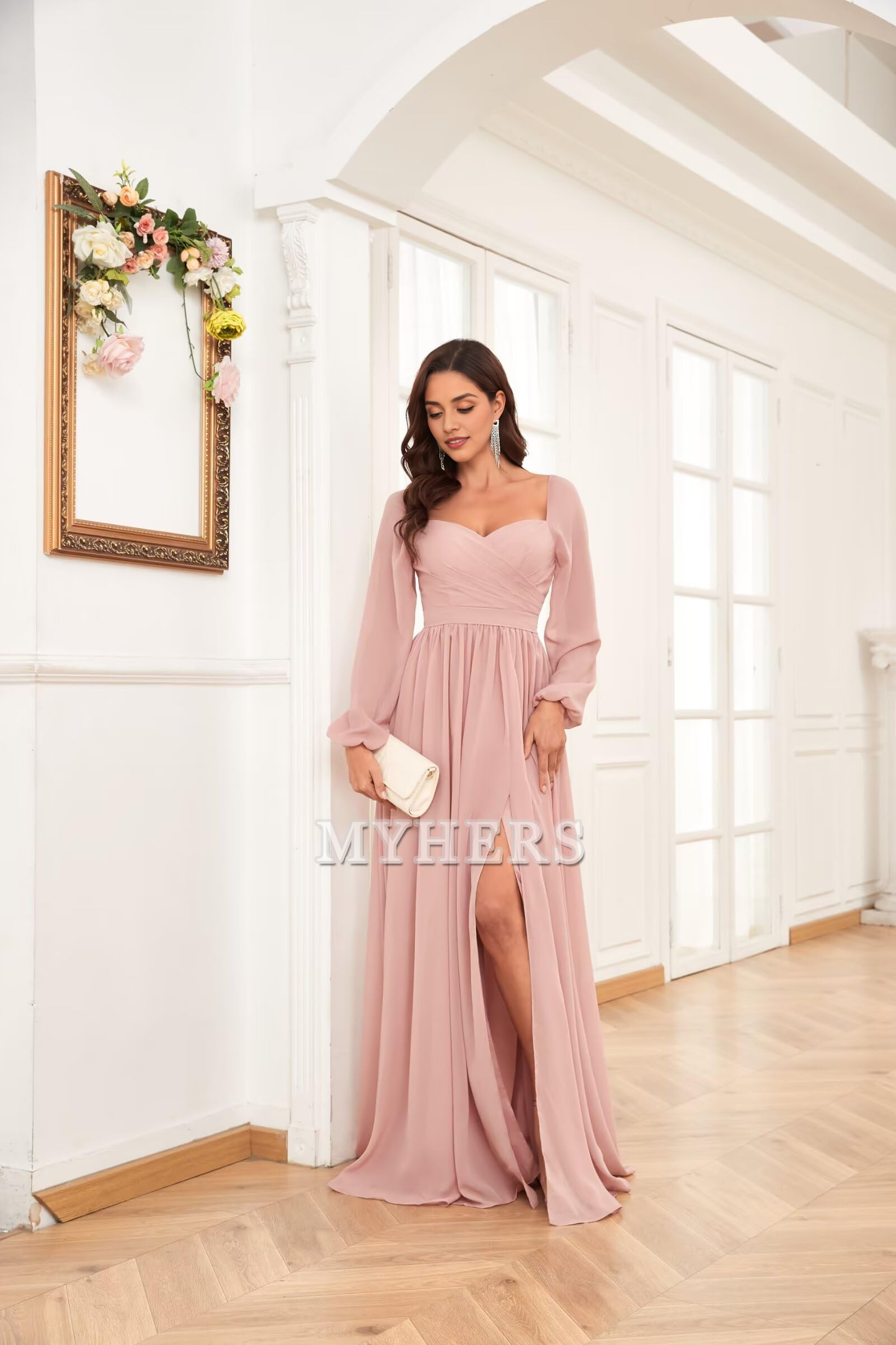 Sweetheart Long Sleeve Pleated Side Fork Chiffon Elegant Bridesmaid Dresses Wedding Guests Dresses
