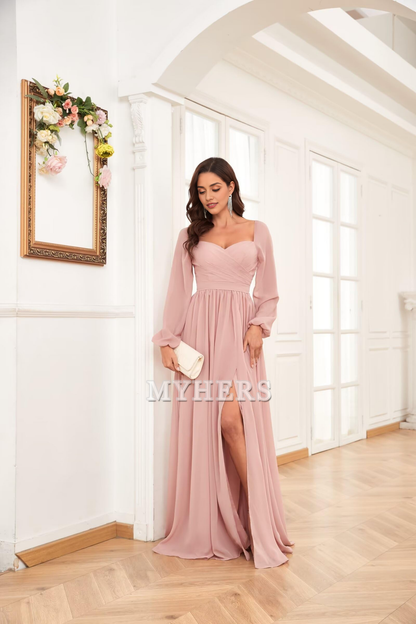 Sweetheart Long Sleeve Pleated Side Fork Chiffon Elegant Bridesmaid Dresses Wedding Guests Dresses