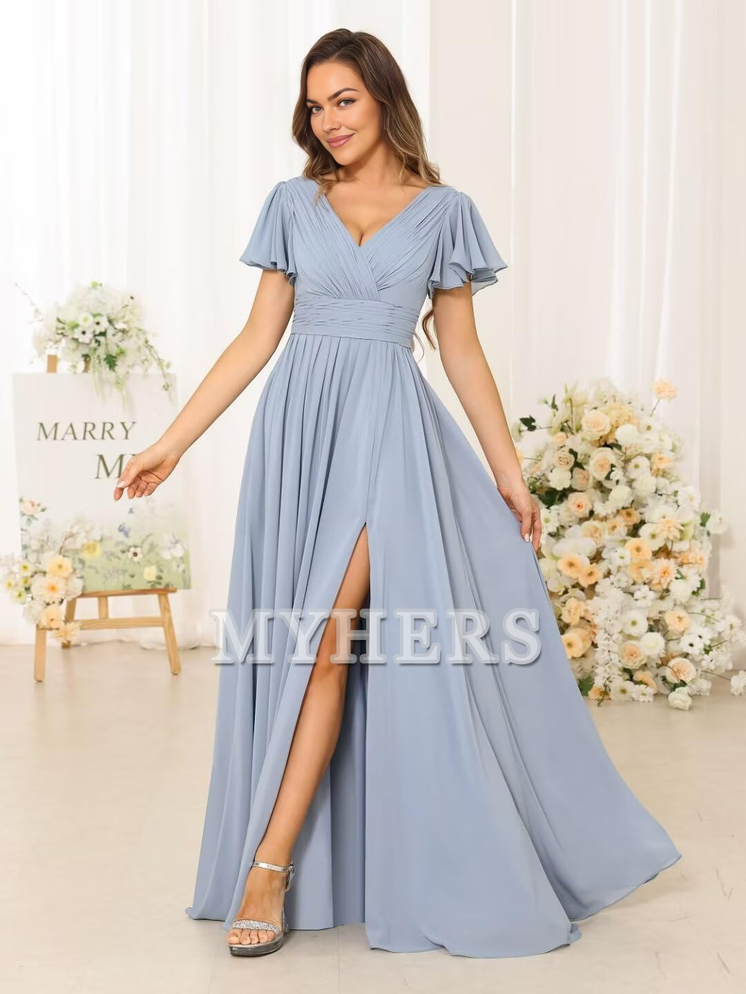 A Line V Neck Flutter Sleeve Side Fork Youthful Elegant Chiffon Bridesmaid Dresses Wedding Guests Dresses