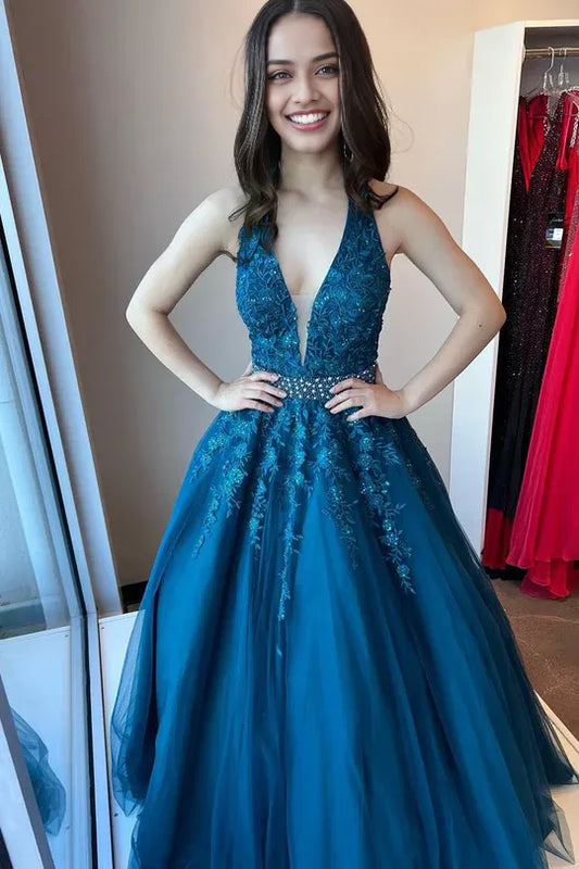 Cute Ball Gwon V Neck Sleeveless Vivid Blue Tulle Prom Dresses with Lace