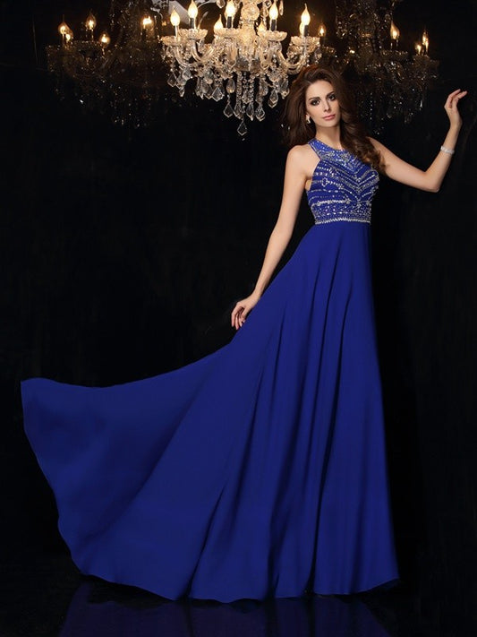 A-Line/Princess High Neck Beading Sleeveless Long Chiffon Party Dresses Formal Dresses