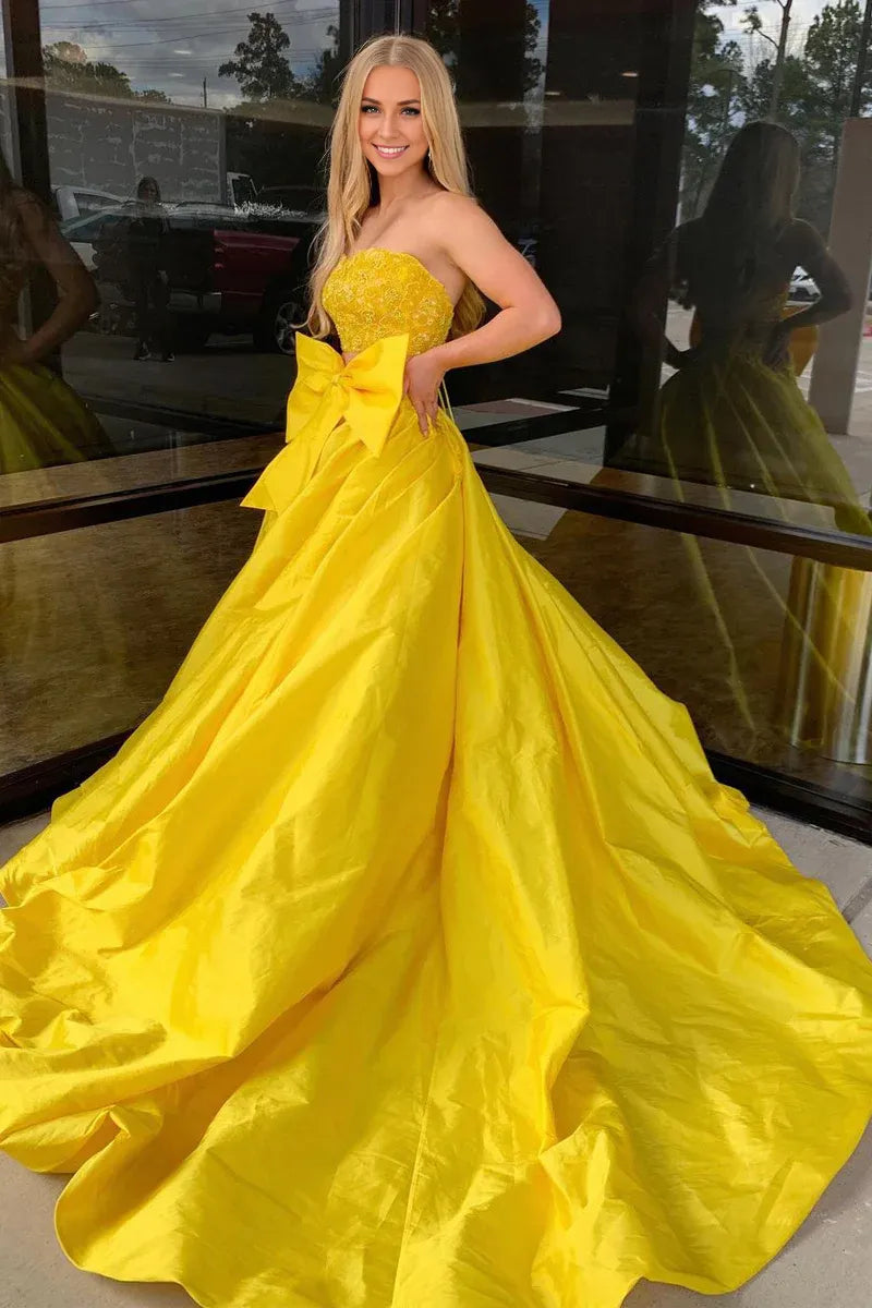 Two Piece Strapless Off-the-Shoulder Yellow Satin Long Prom Dresses with Bow