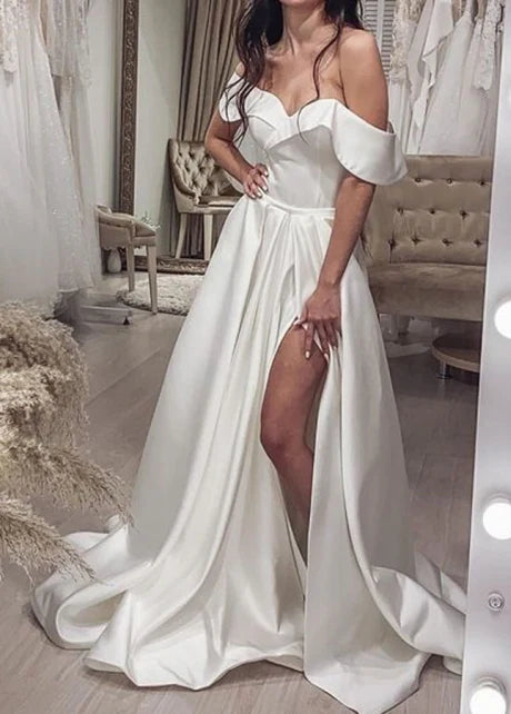 Off The Shoulder A-Line Split Satin Split Fork Long Prom Dresses Wedding Gown