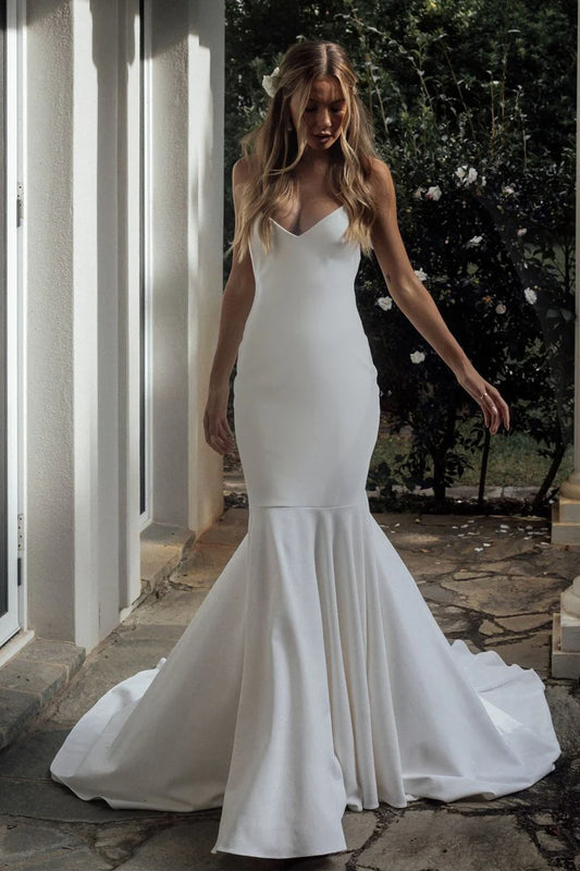 Fairy Mermaid V Neck Spaghetti Strap Satin Backless Long Wedding Dresses
