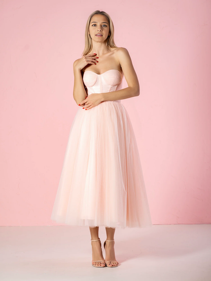 Formal Wear Dresses Wedding Guest Dresses Sweetheart Strapless Puffy Midi Tulle Dress Romantic Atmosphere Evening Dress