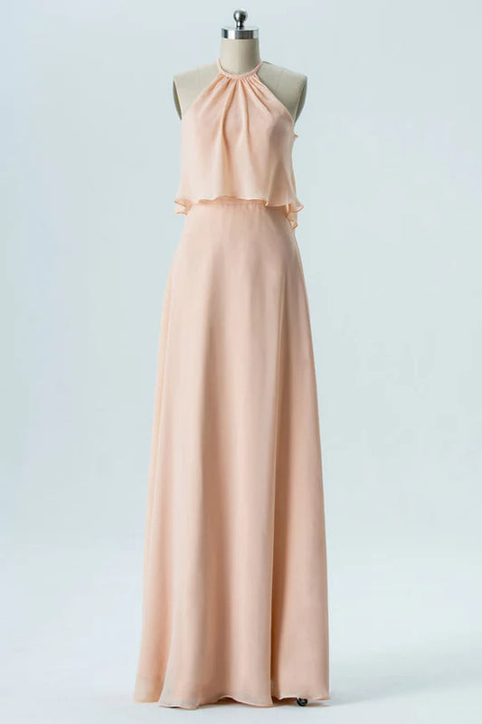 Light Orange Round neck Chiffon Halter Ruffled Bridesmaid Dress