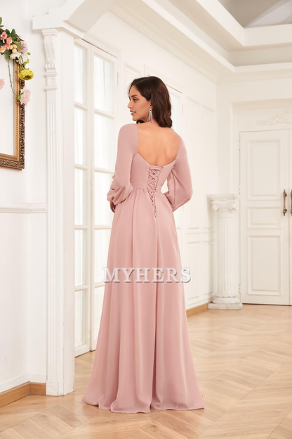 Sweetheart Long Sleeve Pleated Side Fork Chiffon Elegant Bridesmaid Dresses Wedding Guests Dresses