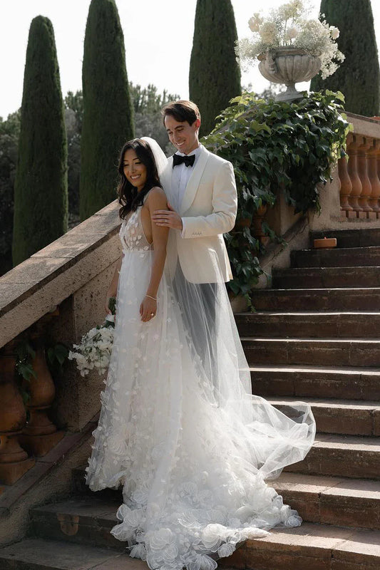 Fairy A Line V Neck Tulle Backless Floor-Length Long Wedding Dresses with 3D Appliques