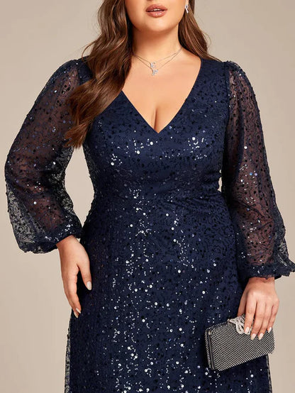 Plus Size V-Neck Lantern Long Sleeve Sequin A-Line Evening Dress/Prom Dresses Party Dresses