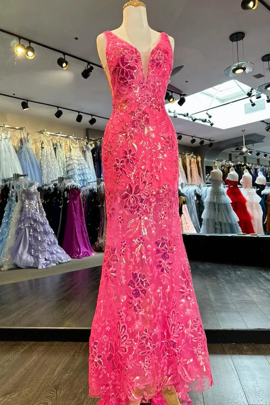 Sequin Appliques Plunge V Mermaid Long Formal Dress