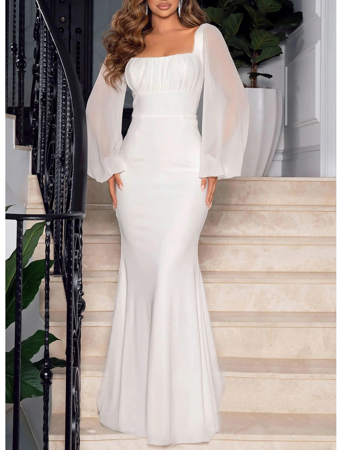 December Wedding Dresses Mermaid Cultivate oneself Square Neck Long Sleeve Floor Length Elegant Chiffon Bridal Gowns