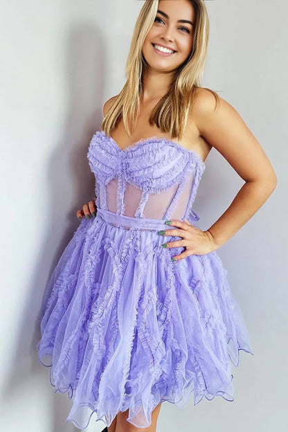 Cute A Line Off-the-Shoulder Sweetheart Lavender Tulle Homecoming Dresses