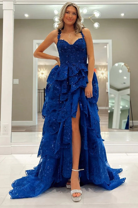 Tulle Sequin Sweetheart Ruffle Tiered Long Gown