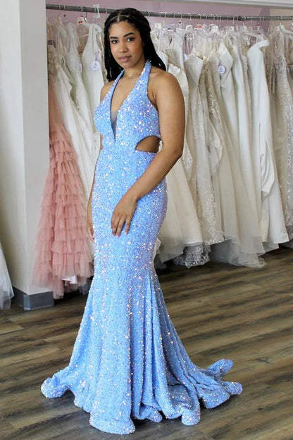 Sequin Halter Trumpet Long Prom Dress