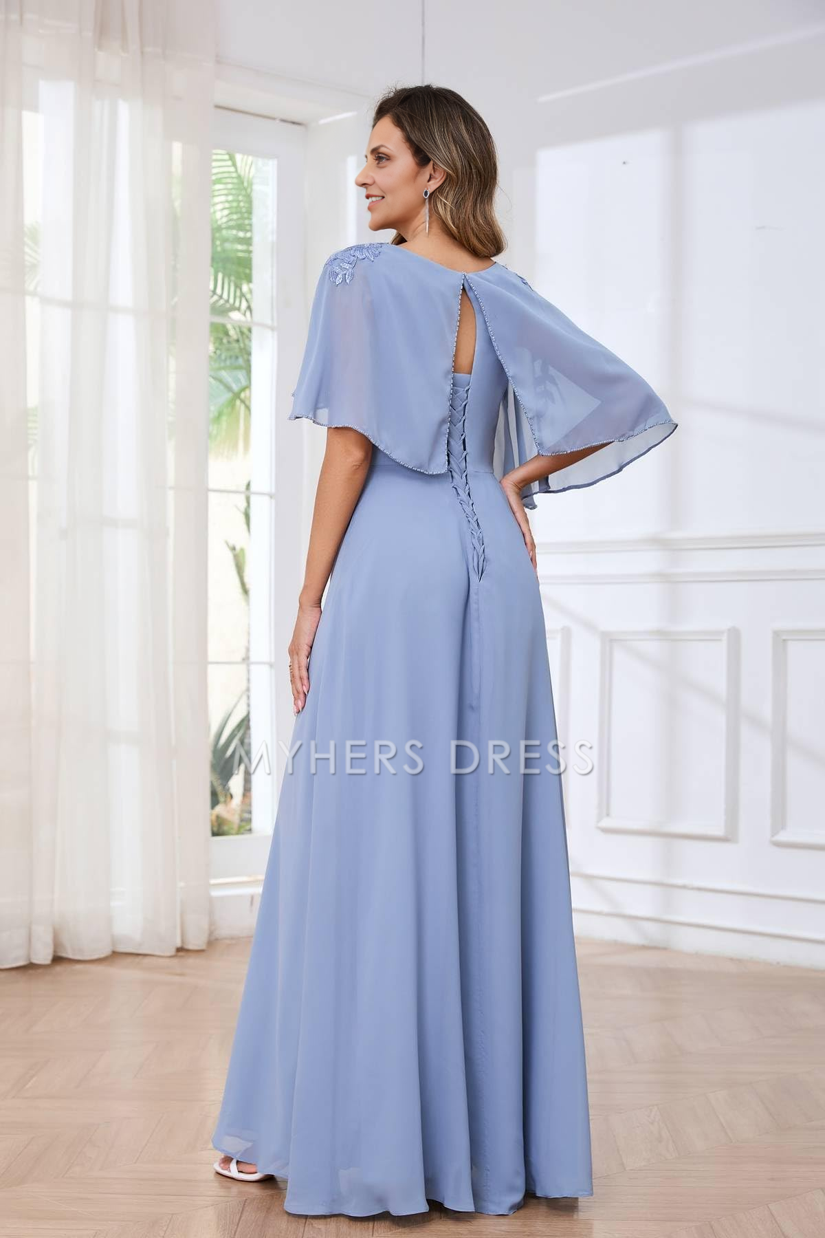 My Hers New Product Mother of The Bride Dress Exquisite Cape Sleeves Lace Appliques High Quality Charming Dress Wedding Guests Dresses