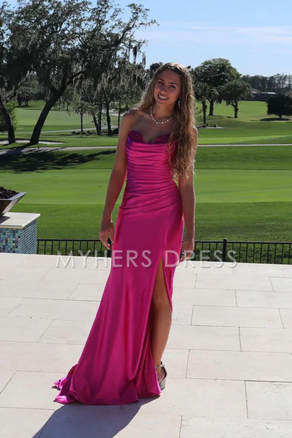 My Hers Ladies Formal Dress Sheath Strapless Pleated Satin Side Fork Long Elegant Prom Dress