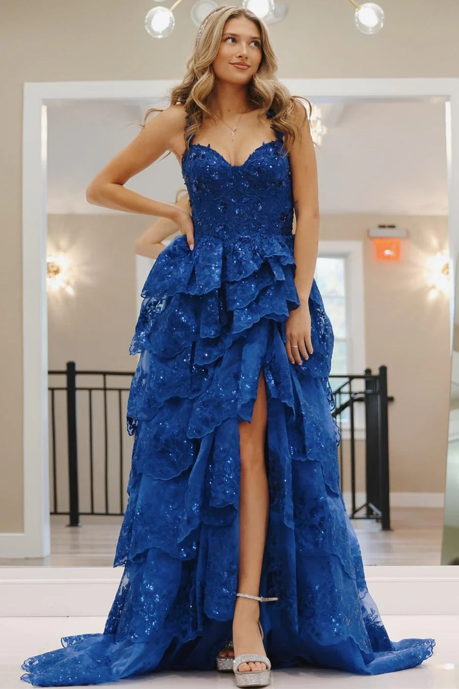 Tulle Sequin Sweetheart Ruffle Tiered Long Gown