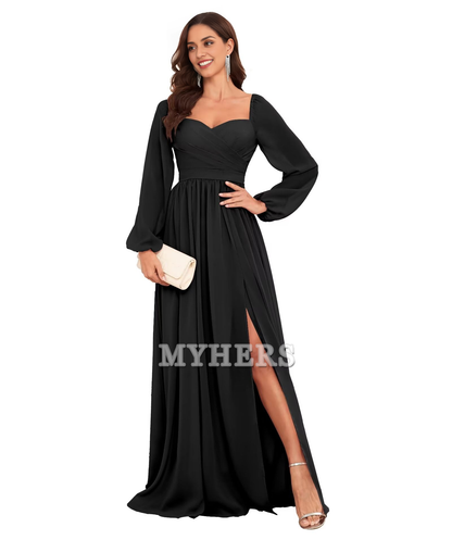 Sweetheart Long Sleeve Pleated Side Fork Chiffon Elegant Bridesmaid Dresses Wedding Guests Dresses