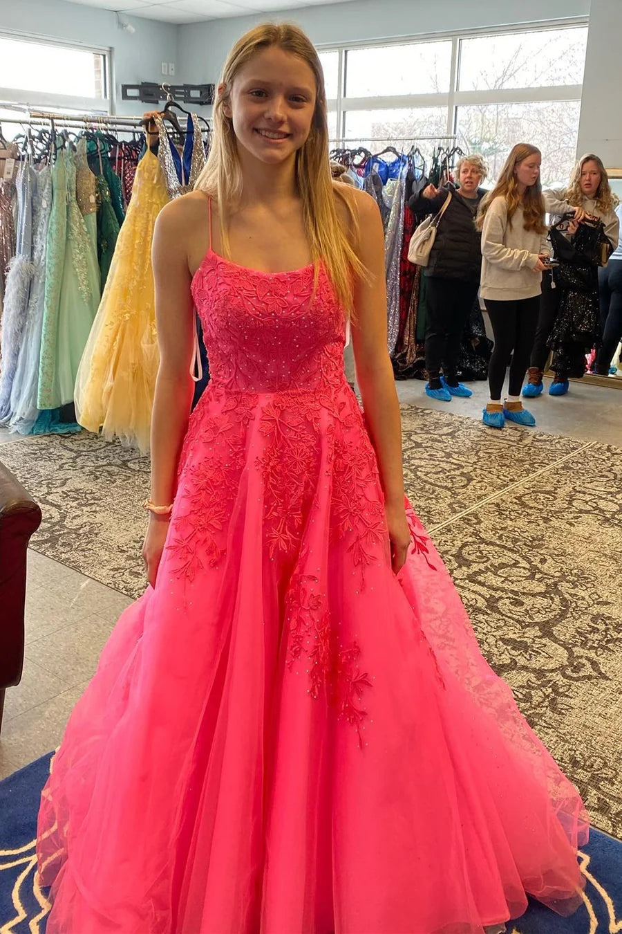 A-Line Hot Pink Applique Lace-Up Long Formal Dress