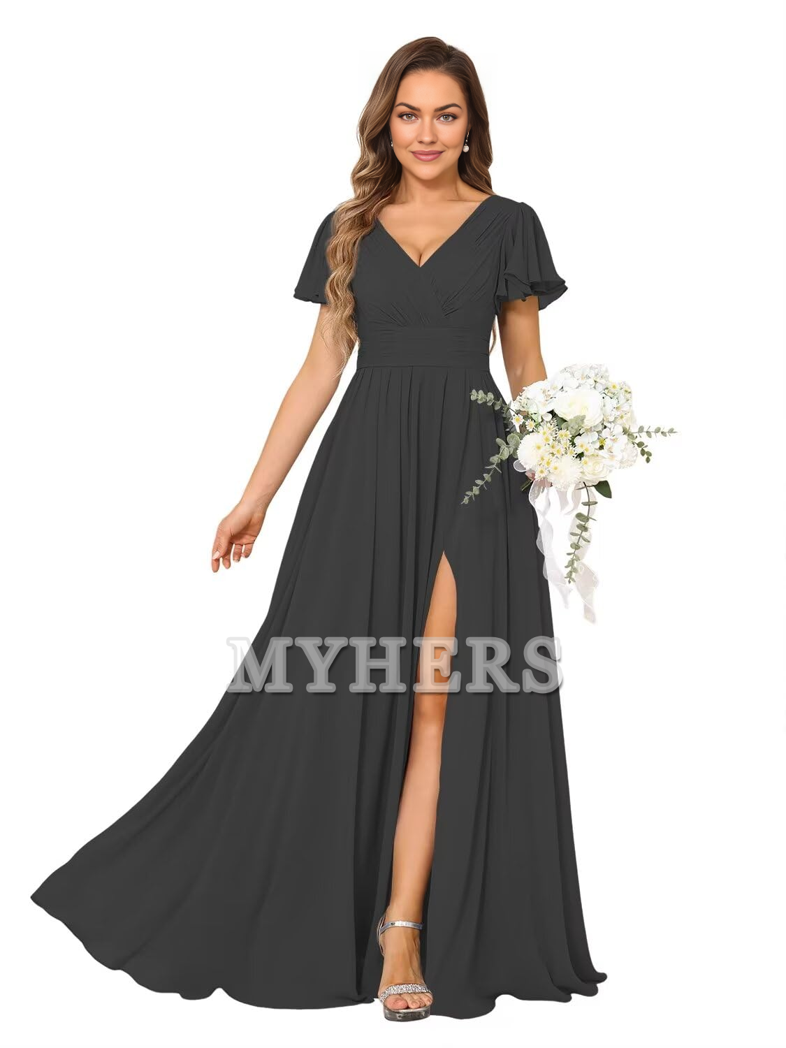 A Line V Neck Flutter Sleeve Side Fork Youthful Elegant Chiffon Bridesmaid Dresses Wedding Guests Dresses