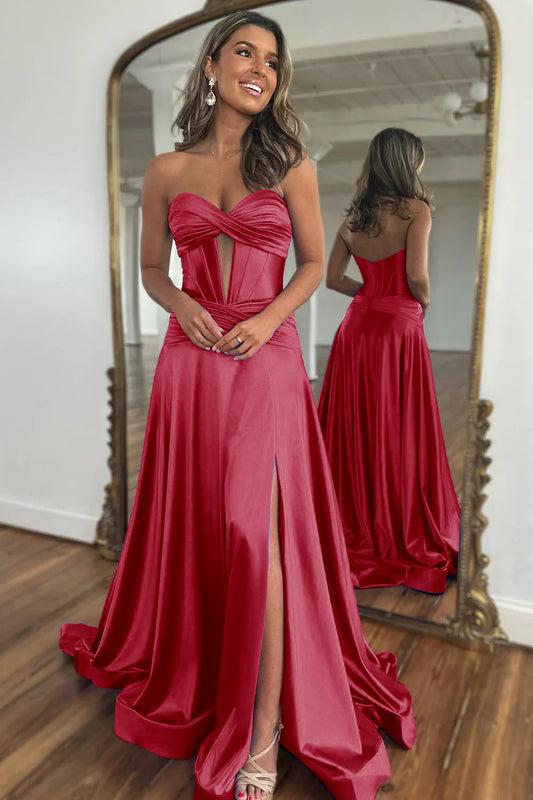 Burgundy A-Line Off-the-Shoulder Sweetheart Zipper Back Long Satin Prom Dress With Split