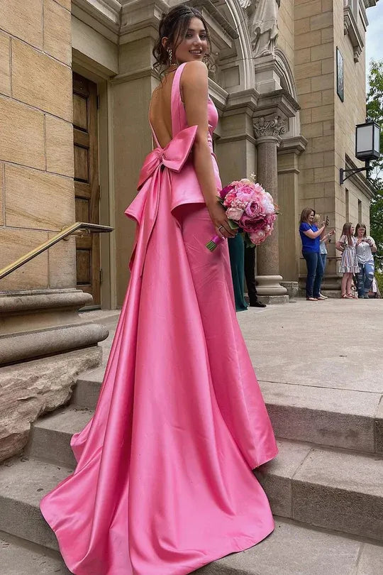 Charming Sweetheart Sheath Pink V-Neck Saitn Prom Dress with Big Bow