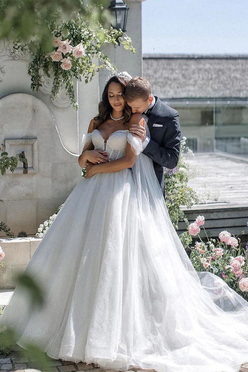 Glitter A Line Off the Shoulder V-Neck Sequins Tulle Wedding Dresses