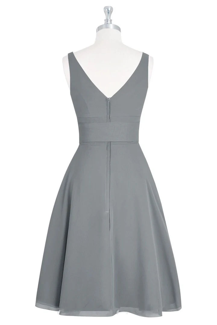 Grey V-Neck Tie-Front Sleeveless A-Line Short Bridesmaid Dress