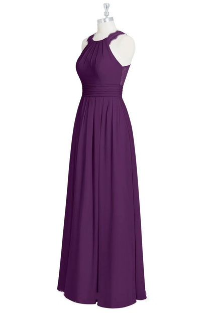 Purple Halter Backless Sleeveless  A-line Gathered Chiffon Bridesmaid Dress