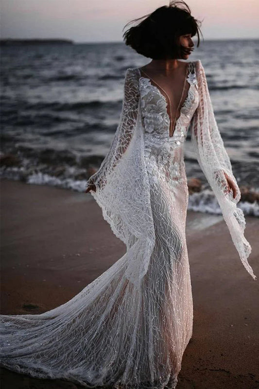 Bohemain Luxurious Beading Lace V Neck Long Sleeves Beach Wedding Dresses