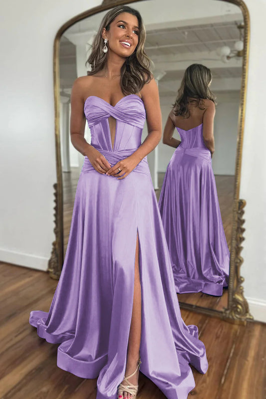 Lilac Sweetheart Zipper Back A-Line Off-the-Shoulder Long Satin Prom Dress With Split