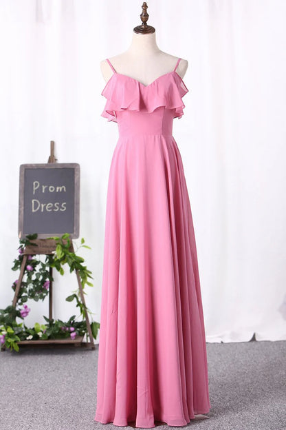 Pink Spaghetti Straps Chiffon Ruffled Sleeveless Long Bridesmaid Dress