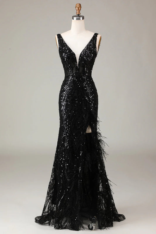Black Sparkly Deep V-neck Mermaid Split Fork Prom Dress with Feathers