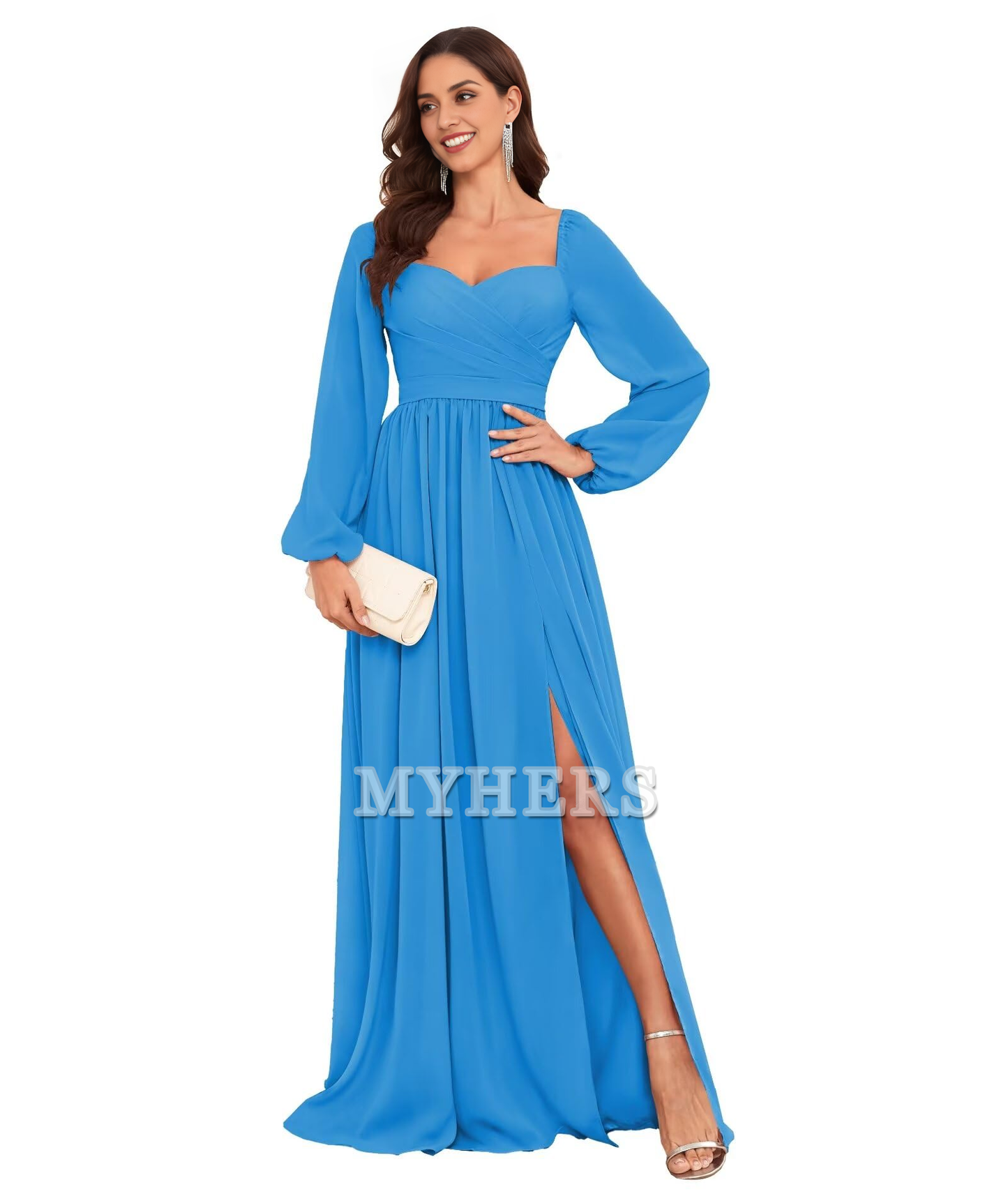 Sweetheart Long Sleeve Pleated Side Fork Chiffon Elegant Bridesmaid Dresses Wedding Guests Dresses