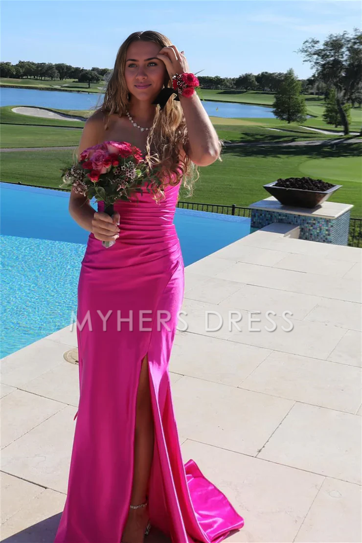 My Hers Ladies Formal Dress Sheath Strapless Pleated Satin Side Fork Long Elegant Prom Dress